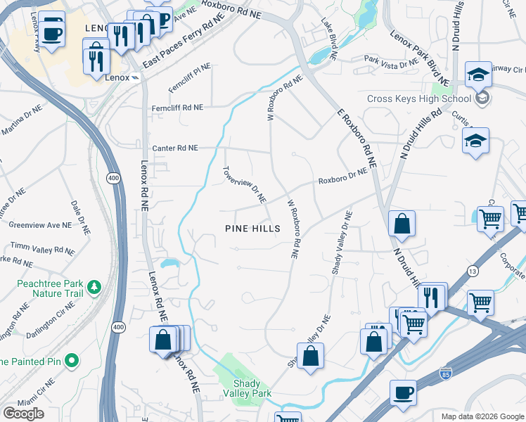 map of restaurants, bars, coffee shops, grocery stores, and more near 1117 Roxboro Dr NE in Atlanta