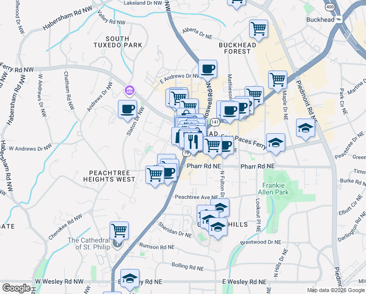 map of restaurants, bars, coffee shops, grocery stores, and more near 3040 Peachtree Road Northeast in Atlanta