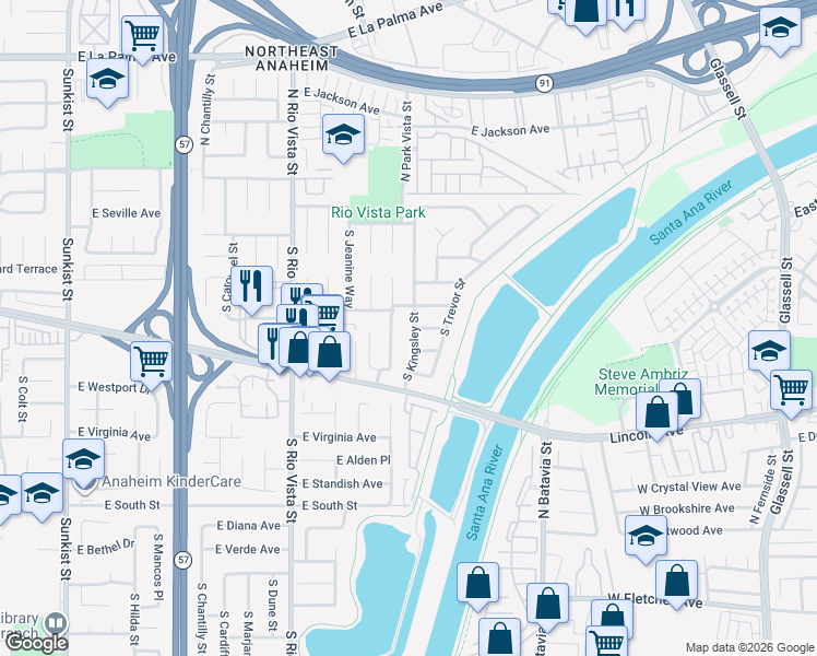 map of restaurants, bars, coffee shops, grocery stores, and more near 201 South Kingsley Street in Anaheim