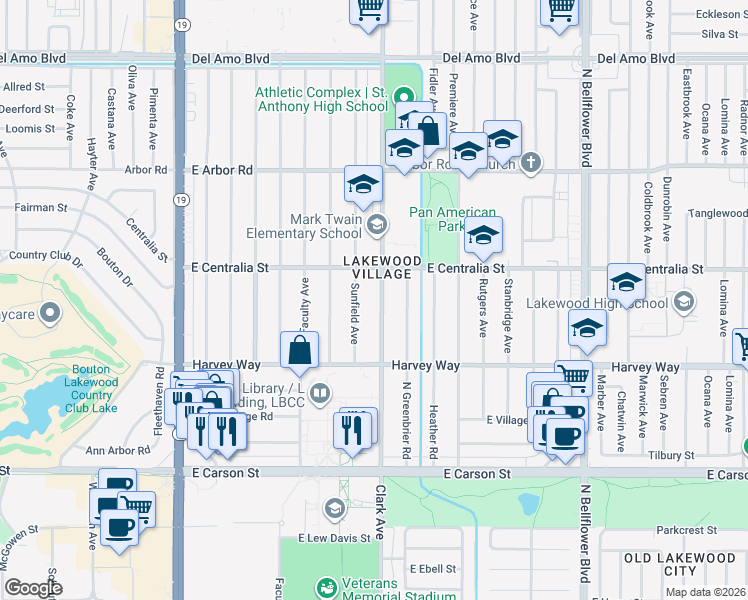 map of restaurants, bars, coffee shops, grocery stores, and more near 4421 Clark Avenue in Long Beach
