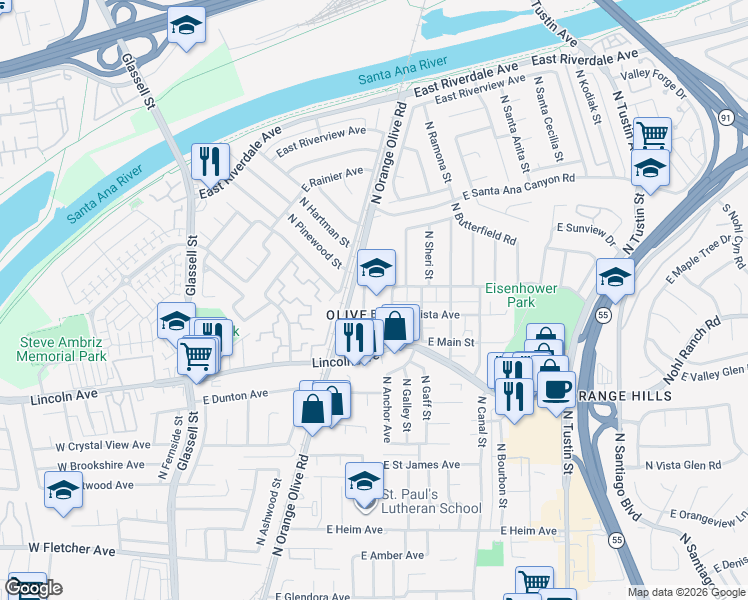 map of restaurants, bars, coffee shops, grocery stores, and more near 3038 North Magnolia Avenue in Orange