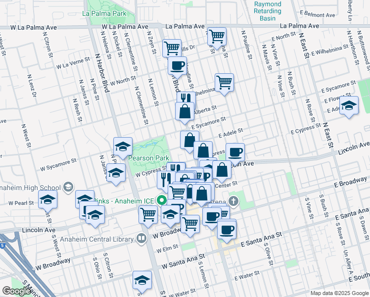 map of restaurants, bars, coffee shops, grocery stores, and more near 112 West Adele Street in Anaheim
