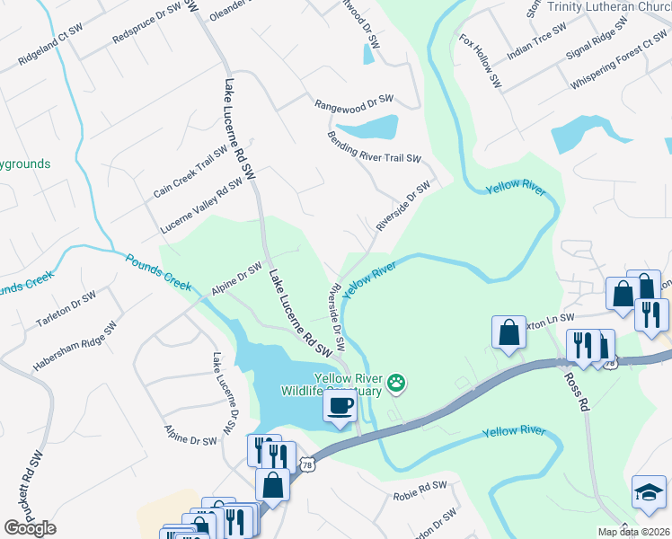 map of restaurants, bars, coffee shops, grocery stores, and more near 4511 Riverside Drive Southwest in Lilburn