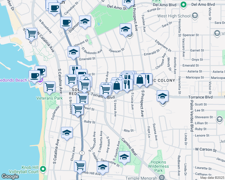 map of restaurants, bars, coffee shops, grocery stores, and more near 235 South Irena Avenue in Redondo Beach