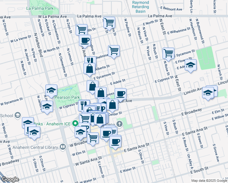 map of restaurants, bars, coffee shops, grocery stores, and more near 303 North Philadelphia Street in Anaheim