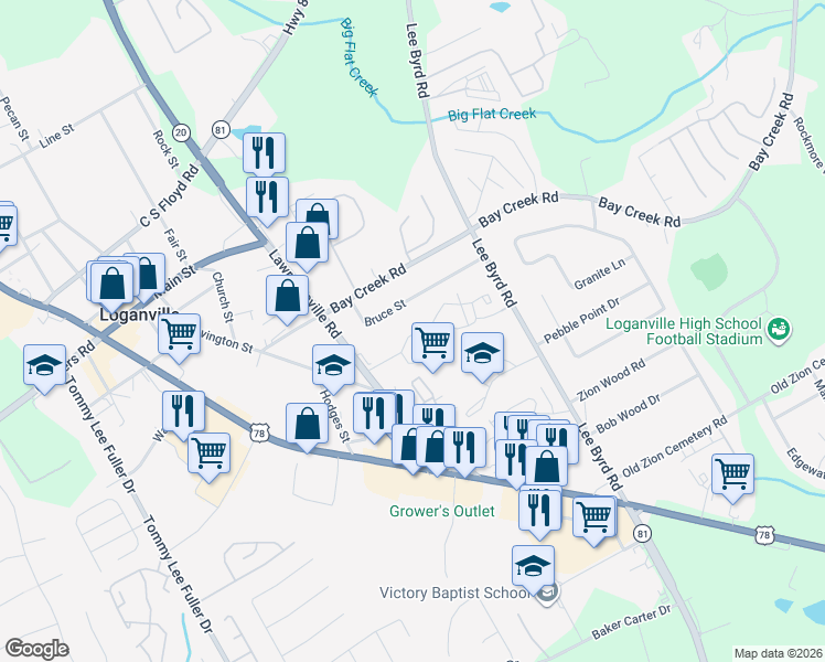 map of restaurants, bars, coffee shops, grocery stores, and more near 249 Meadows Drive in Loganville