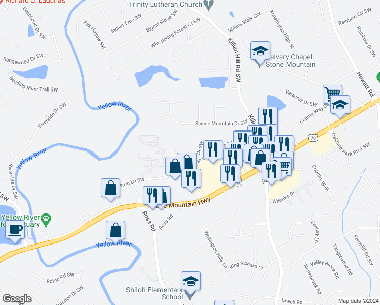 map of restaurants, bars, coffee shops, grocery stores, and more near 1958 Paxton Ridge Court in Snellville