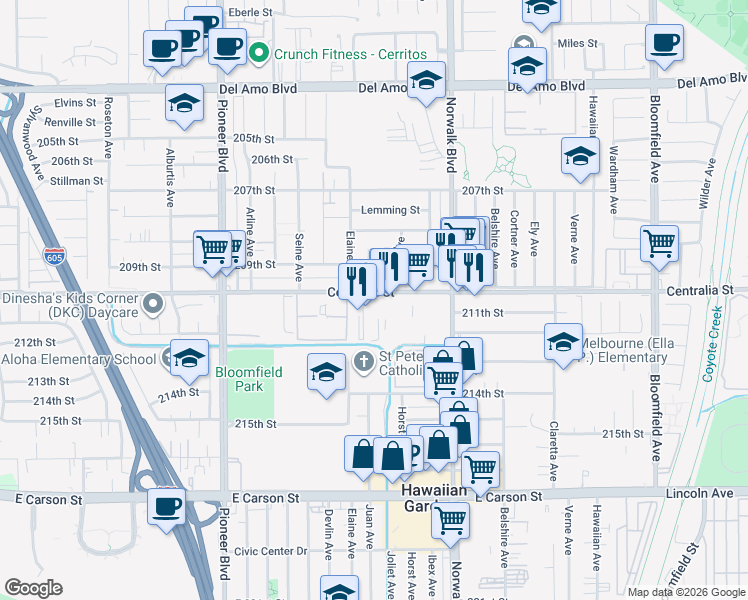 map of restaurants, bars, coffee shops, grocery stores, and more near 12028 Centralia Street in Hawaiian Gardens