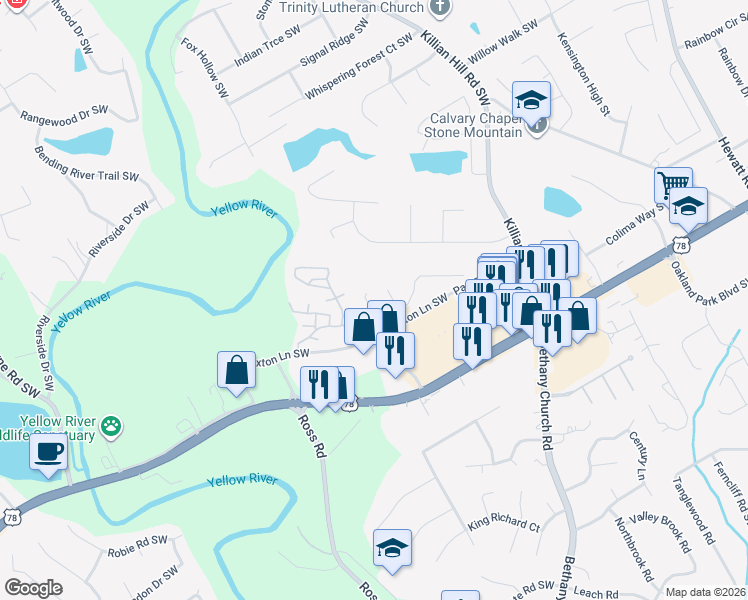 map of restaurants, bars, coffee shops, grocery stores, and more near 1970 Paxton Ridge Lane in Lilburn