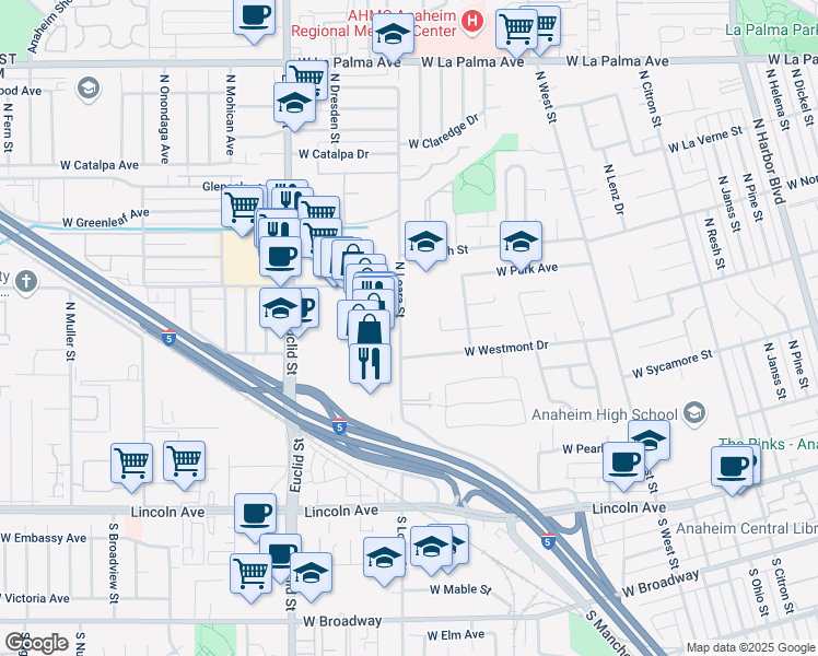 map of restaurants, bars, coffee shops, grocery stores, and more near 1525 West Westmont Drive in Anaheim