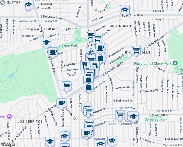 map of restaurants, bars, coffee shops, grocery stores, and more near 4462 Atlantic Ave in Long Beach