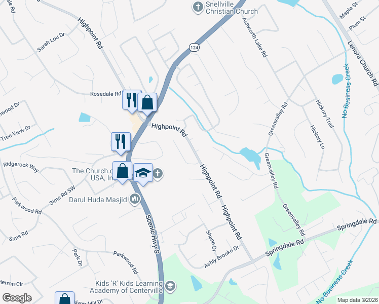 map of restaurants, bars, coffee shops, grocery stores, and more near 2721 Highpoint Road in Snellville