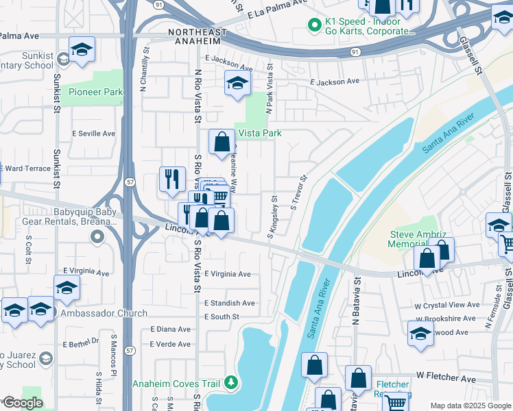 map of restaurants, bars, coffee shops, grocery stores, and more near 183 South Barbara Way in Anaheim