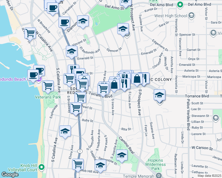 map of restaurants, bars, coffee shops, grocery stores, and more near 235 South Irena Avenue in Redondo Beach