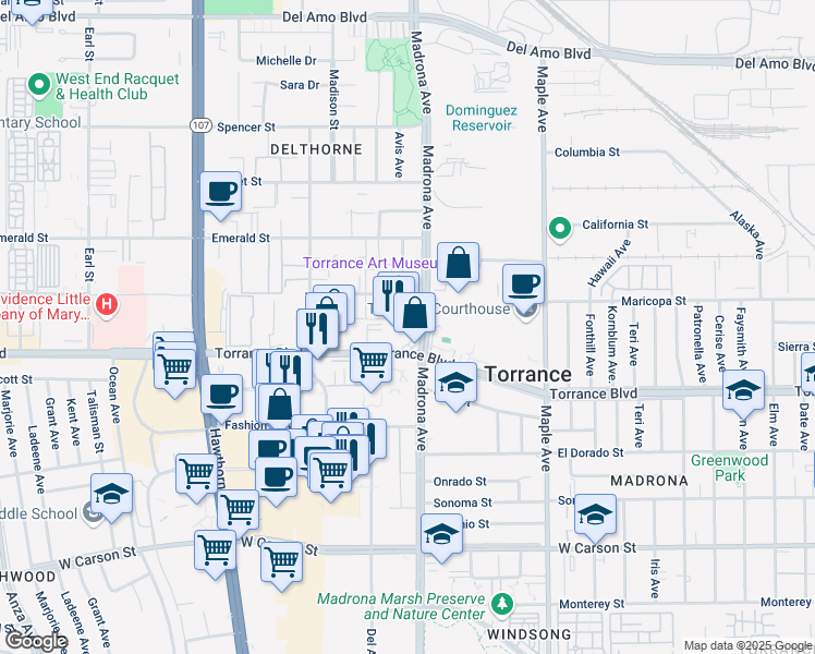 map of restaurants, bars, coffee shops, grocery stores, and more near 3415 Torrance Boulevard in Torrance
