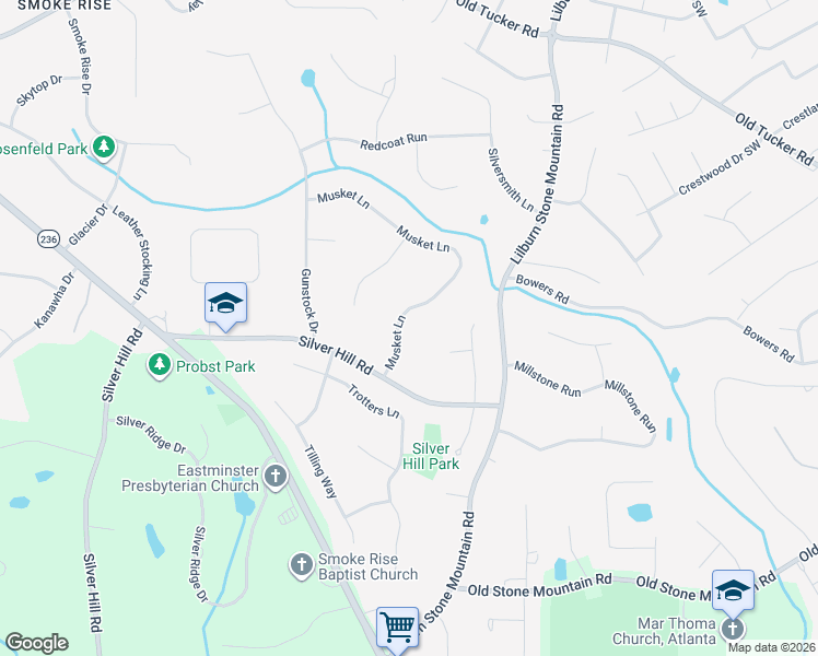 map of restaurants, bars, coffee shops, grocery stores, and more near 5886 Musket Lane in Stone Mountain