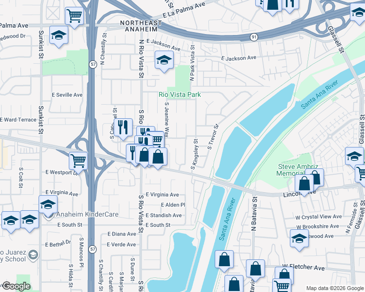 map of restaurants, bars, coffee shops, grocery stores, and more near 184 South Alice Way in Anaheim
