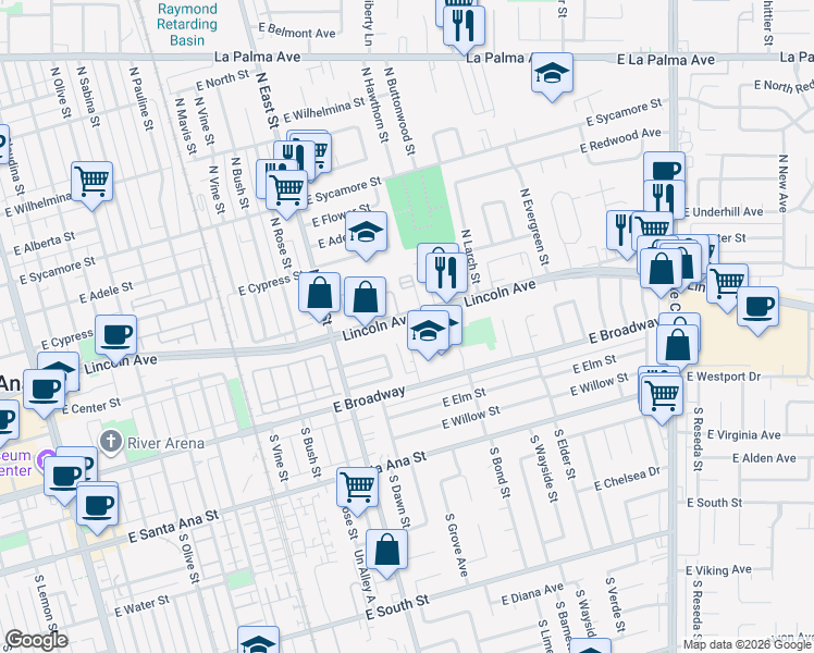 map of restaurants, bars, coffee shops, grocery stores, and more near 1270 Lincoln Avenue in Anaheim