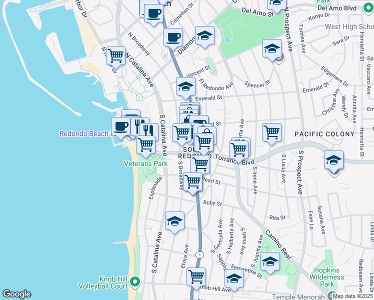 map of restaurants, bars, coffee shops, grocery stores, and more near 215 Torrance Boulevard in Redondo Beach
