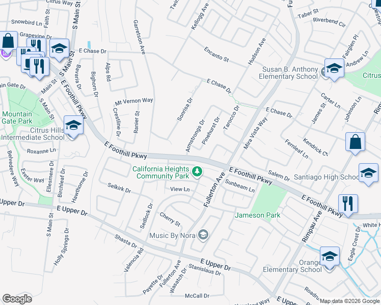 map of restaurants, bars, coffee shops, grocery stores, and more near 3195 Armstrongs Drive in Corona