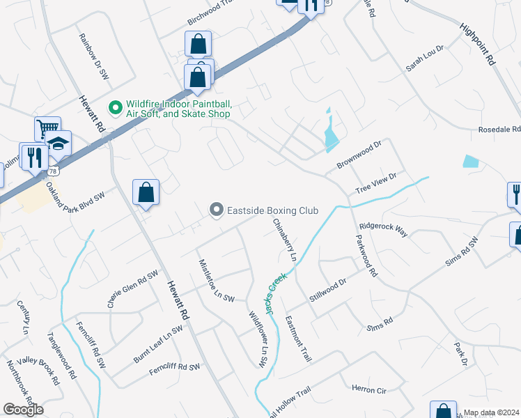 map of restaurants, bars, coffee shops, grocery stores, and more near 3477 Chinaberry Lane in Snellville