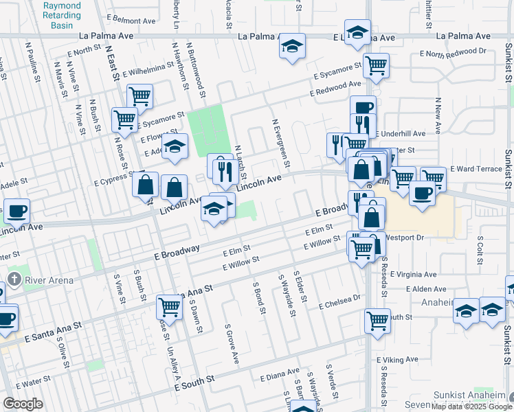 map of restaurants, bars, coffee shops, grocery stores, and more near 216 South Wayside Place in Anaheim