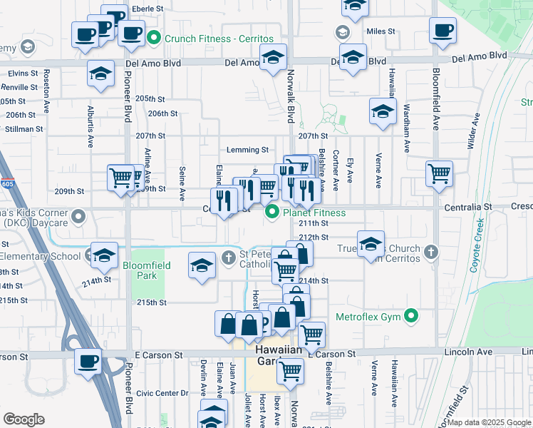 map of restaurants, bars, coffee shops, grocery stores, and more near 12102 Centralia Street in Hawaiian Gardens