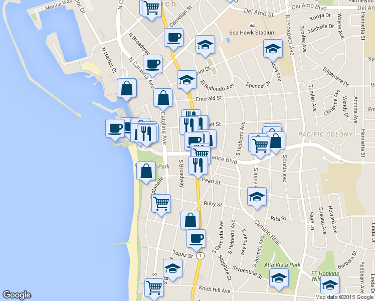 map of restaurants, bars, coffee shops, grocery stores, and more near 211 West Torrance Boulevard in Redondo Beach