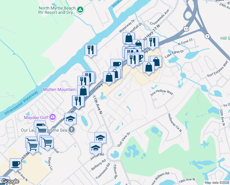 map of restaurants, bars, coffee shops, grocery stores, and more near 90 Shadow Moss Place in North Myrtle Beach