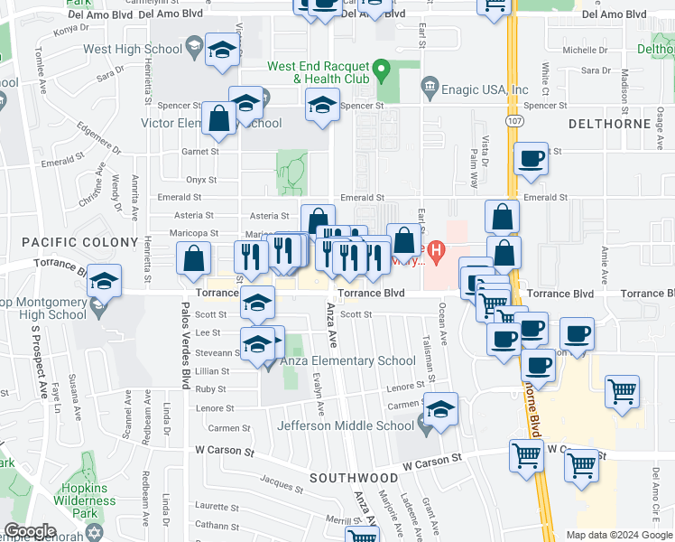 map of restaurants, bars, coffee shops, grocery stores, and more near 21112 Anza Avenue in Torrance