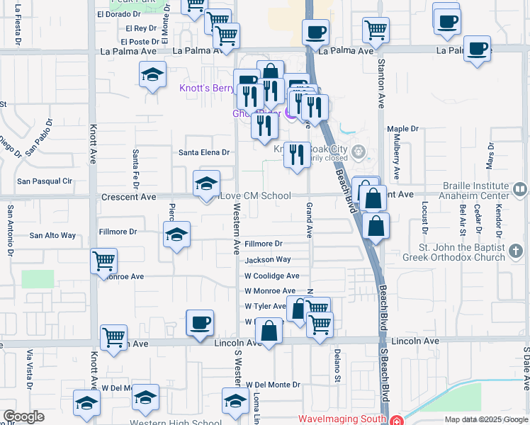 map of restaurants, bars, coffee shops, grocery stores, and more near 7600 Crescent Avenue in Buena Park