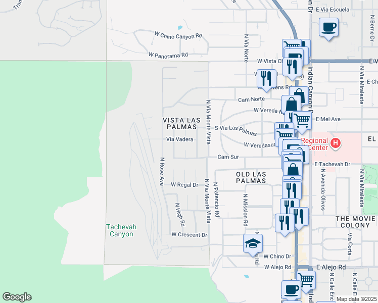 map of restaurants, bars, coffee shops, grocery stores, and more near 1130 North Paseo Dero in Palm Springs