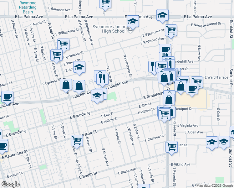 map of restaurants, bars, coffee shops, grocery stores, and more near 216 South Wayside Place in Anaheim