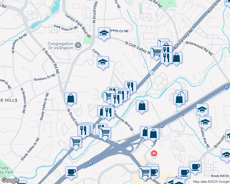 map of restaurants, bars, coffee shops, grocery stores, and more near 1951 Sterling Oaks Circle Northeast in Atlanta