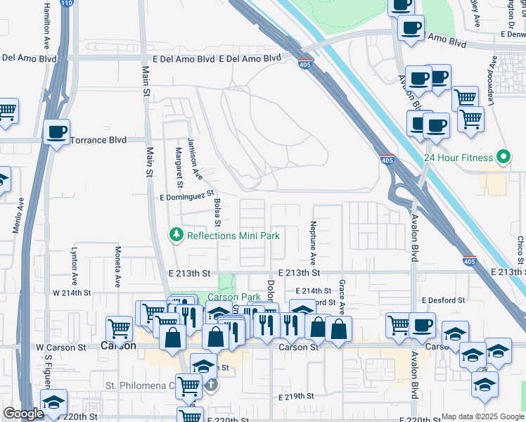 map of restaurants, bars, coffee shops, grocery stores, and more near 21111 Dolores Street in Carson