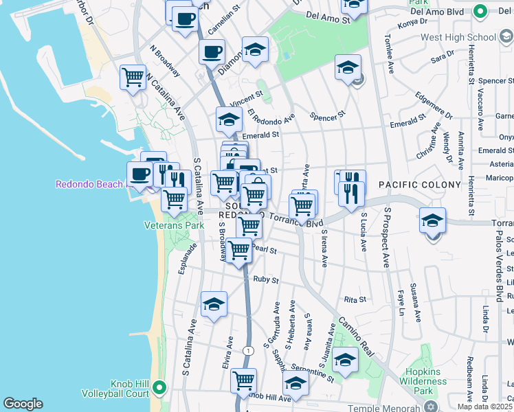 map of restaurants, bars, coffee shops, grocery stores, and more near 233 South Francisca Avenue in Redondo Beach