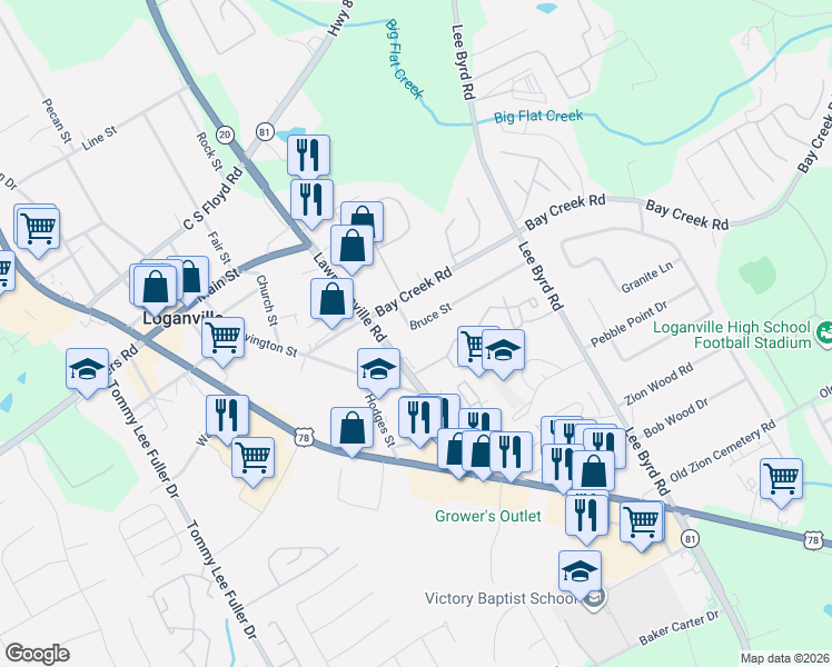 map of restaurants, bars, coffee shops, grocery stores, and more near 201 Bruce Street in Loganville