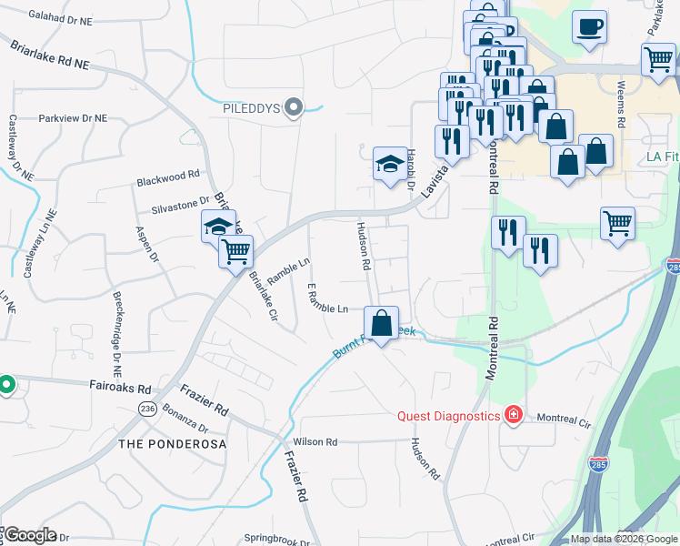 map of restaurants, bars, coffee shops, grocery stores, and more near 3048 Hudson Court in Decatur