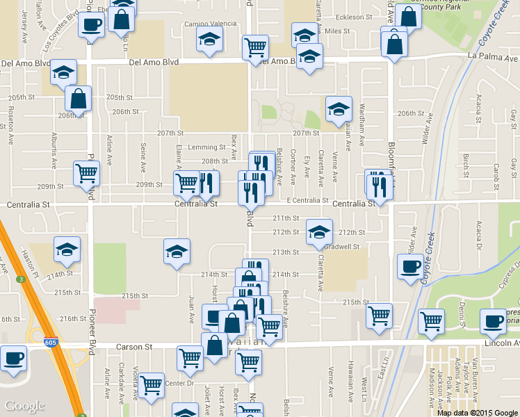 map of restaurants, bars, coffee shops, grocery stores, and more near 12218 Centralia St in Lakewood