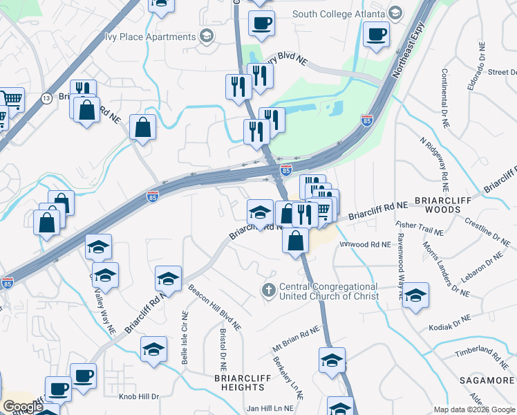 map of restaurants, bars, coffee shops, grocery stores, and more near 3050 Briarcliff Road Northeast in Atlanta
