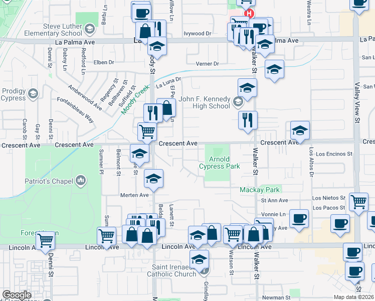 map of restaurants, bars, coffee shops, grocery stores, and more near 5166 Banbury Circle in La Palma