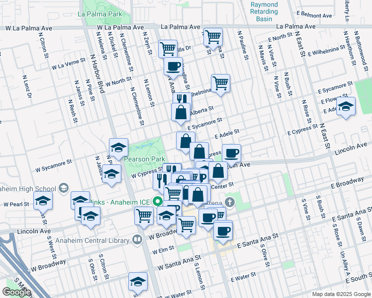 map of restaurants, bars, coffee shops, grocery stores, and more near 327 El Camino Real in Anaheim