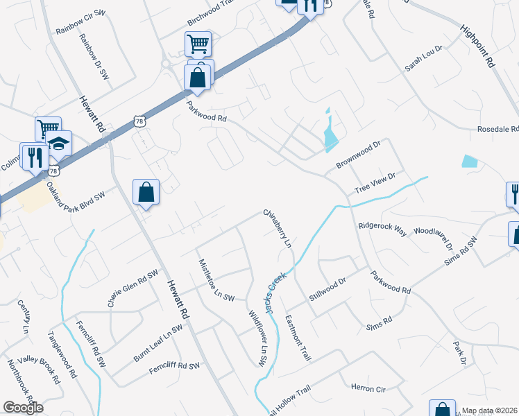map of restaurants, bars, coffee shops, grocery stores, and more near 3477 Chinaberry Lane in Snellville