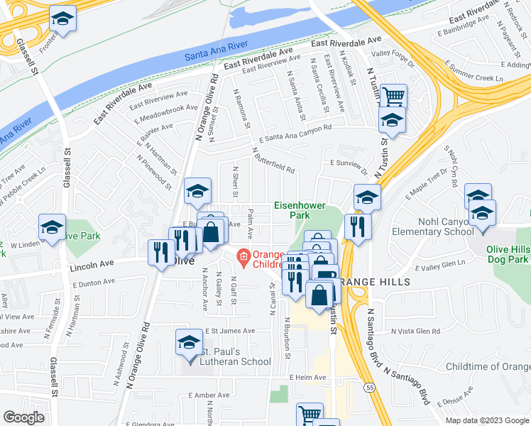 map of restaurants, bars, coffee shops, grocery stores, and more near 8581 Oceanview Avenue in Orange