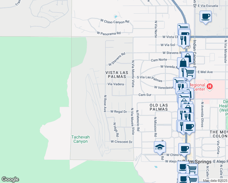 map of restaurants, bars, coffee shops, grocery stores, and more near 1134 Abrigo Road in Palm Springs