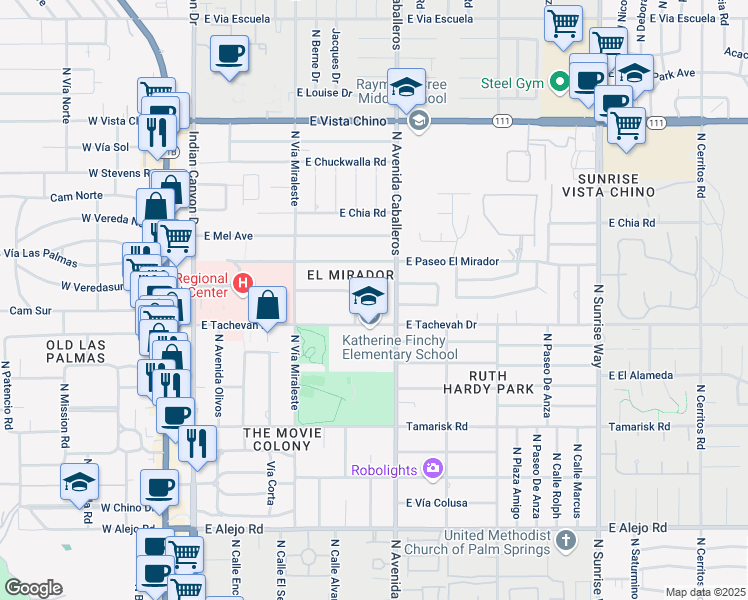 map of restaurants, bars, coffee shops, grocery stores, and more near 1143 North May Drive in Palm Springs