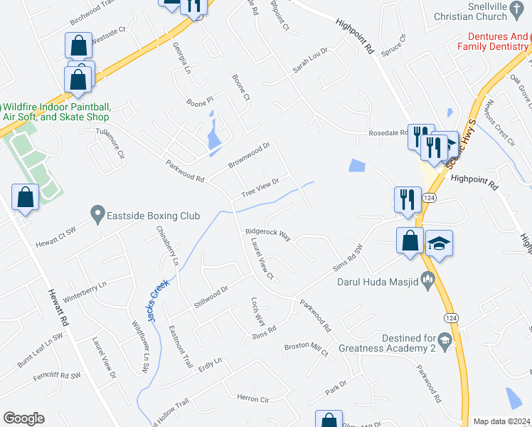 map of restaurants, bars, coffee shops, grocery stores, and more near 2489 Jacks View Court in Snellville