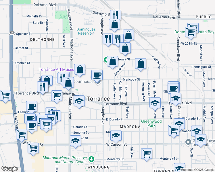 map of restaurants, bars, coffee shops, grocery stores, and more near 827 Felbar Avenue in Torrance