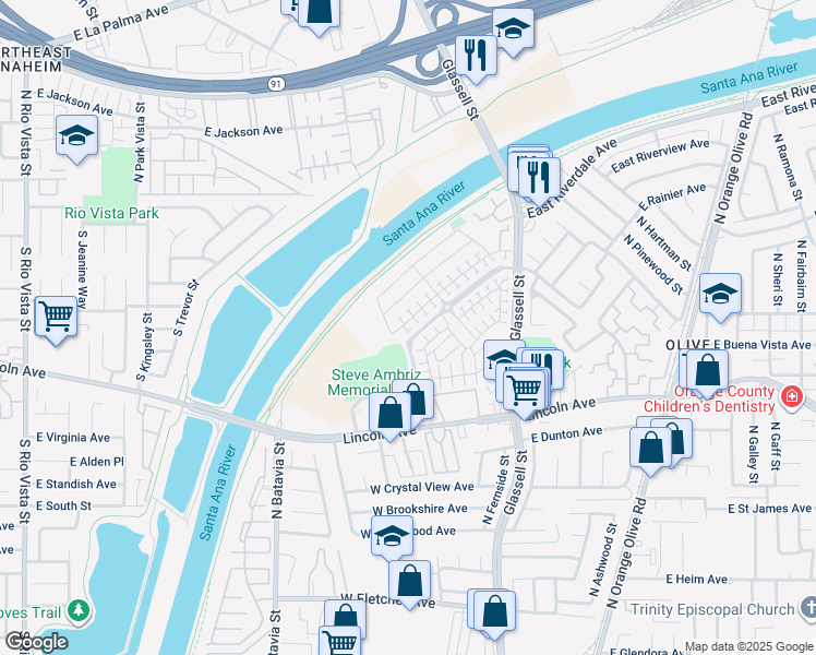 map of restaurants, bars, coffee shops, grocery stores, and more near 372 West Pebble Creek Lane in Orange