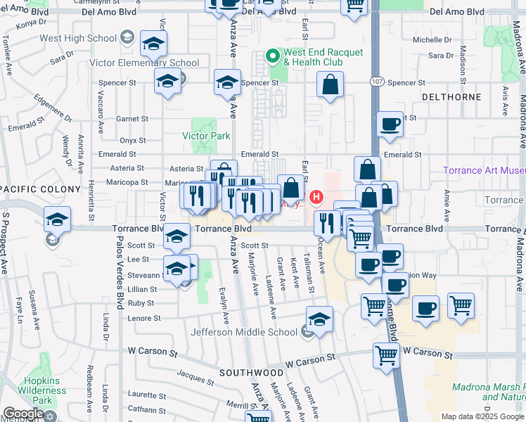 map of restaurants, bars, coffee shops, grocery stores, and more near 21104 Ladeene Avenue in Torrance